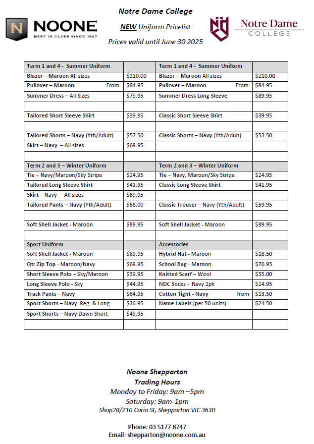 Noone New Uniform Price List